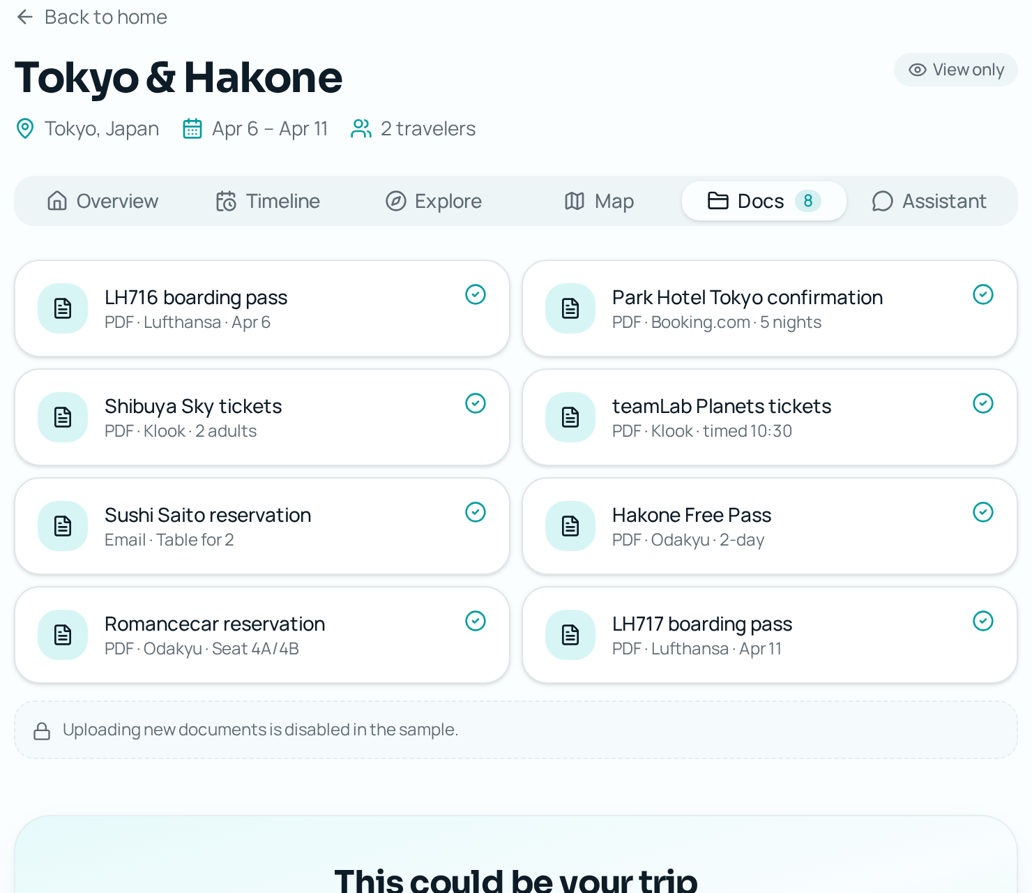 Roamzy documents tab listing boarding passes, hotel confirmations and tickets