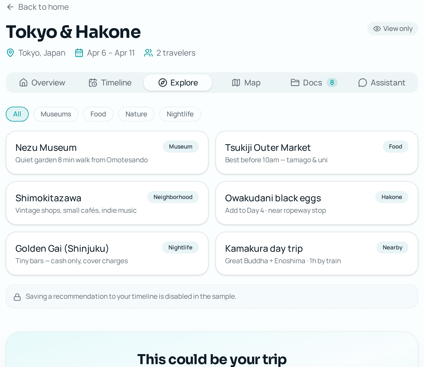Roamzy explore tab suggesting activities around the existing plan